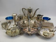 EPNS 3 PIECE COFFEE SET ON RECTANGULAR TRAY, shell shaped sweetmeat dishes, hallmarked silver bud