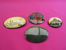RUSSIAN BROOCHES (3) - hand painted, two city scapes, one floral and another brooch in green agate