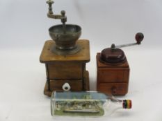 VINTAGE COFFEE GRINDERS (2) and a ship in a bottle
