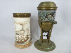 TWO 19TH CENTURY POTTERY OIL LAMP BASES - one with stylised brass base and Doulton style sgraffito