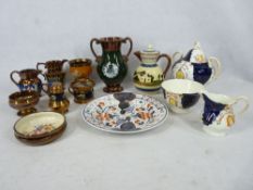 VICTORIAN COPPER LUSTRE WARE, Gaudy Welsh teaware, Devon Motto ware jug and cover, ETC