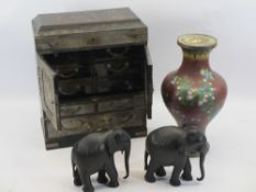 JAPANESE LACQUERWORK TABLE CABINET, 20th century Chinese cloisonne vase and a pair of carved ebony