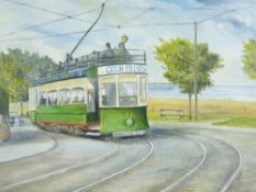 B DOYLE oil on board - a tram taking the bend at Cayley Rhos on Sea advertising Catlin Follies,