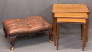 MID-CENTURY TEAK OCCASIONAL TABLES (3) and a leather effect button upholstered foot stool, 49.5cms