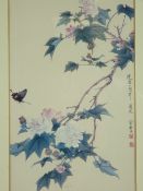 ORIENTAL SCHOOL PRINT - hibiscus and a butterfly, signed and with label verso, 'Yuchih-chen' 1959