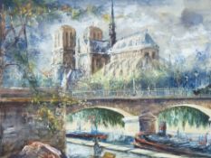 CONTINENTAL SCHOOL fine quality mixed media - scene of Notre Dame Cathedral, Paris with bridge and
