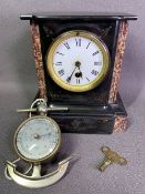 SLATE MANTEL CLOCK with white painted dial and Roman numerals, brass bezel, 23cms H, 21cms W,