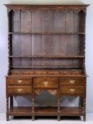 CIRCA 1840 WELSH OAK POTBOARD DRESSER, shaped sided three shelf rack with wide boards over six spice