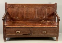 ANTIQUE SETTLE with five fielded panel back and two base front drawers, 102cms H, 153cms W, 58cms D