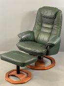 STRESSLESS TYPE ARMCHAIR & FOOTSTOOL, revolving and reclining in green leather effect, 103cms H,
