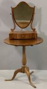 TRIPOD TABLE - antique oak with circular top, 65cms H, 58cms diameter and a shield shaped dressing