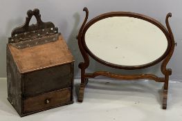 ANTIQUE OAK CANDLE BOX, 43cms H, 26.5cms W, 16cms D and a Georgian mahogany swing toilet mirror,