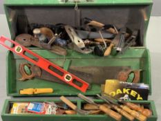 VINTAGE WOODEN TOOLBOX with inside compartments and contents of tools