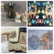 ANTIQUE ETCHED GLASS BOTTLES WITH STOPPERS, Loetz type iridescent vase and three Continental figures