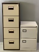 FILING CABINETS - metal four drawer with key, 132cms H, 46cms W, 62cms D and a two drawer example