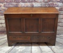 18TH CENTURY JOINED OAK MULE CHEST, moulded hinged top above triple panelled front and two apron