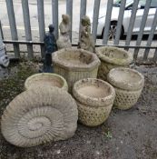 ASSORTED CONCRETE GARDEN ORNAMENTS, including set of three basket weave moulded planters, carved