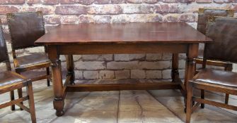 18TH CENTURY-STYLE OAK TRESTLE TABLE & FOUR DINING CHAIRS, chairs with leather inset backs and