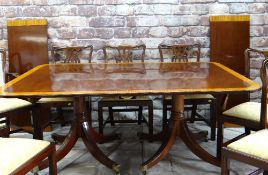 GOOD MODERN REGENCY-STYLE MAHOGANY & SATINWOOD CROSSBANDED TWIN PEDESTAL DINING TABLE & CHAIRS,