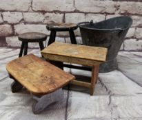 VINTAGE METAL COAL SCUTTLE & FOUR ASSORTED 'MILKING STOOLS' (5)