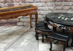 MODERN CHINESE MOTHER-OF-PEARL INLAID COFFEE TABLE, and six smaller occasional tables, 122cms