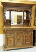 RENAISSANCE-REVIVAL FLEMISH OAK SIDEBOARD, architectural carved mirror-back top with shelves and