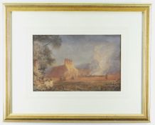 CIRCLE OF DAVID COX watercolour - fire beside thatched oast house, bears signature and