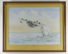 G. GARLAND watercolour - Sunderland Bomber attacking submarine with depth charge, 25.5 x 35.5cms