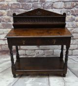 ANTIQUE OAK SIDE TABLE, later shelved back and moulded top, fitted two frieze drawers, scalloped