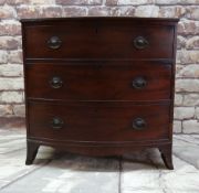 LATE REGENCY MAHOGANY CROSSBANDED BOWFRONT CHEST, red moulded top above three graduated long