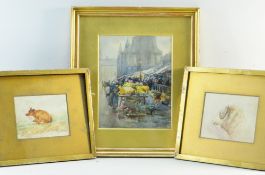 THREE WATERCOLOURS comprising pair of animal studies of a ram's head and a reclining cow, together