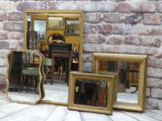FOUR ASSORTED DECORATIVE MIRRORS, three with rectangular frames, one with shaped shell moulded