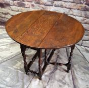 19TH CENTURY OAK GATELEG TABLE, oval drop flap top above a later end frieze drawer on nicely