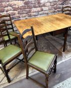 ANTIQUE OAK DROP FLAP TABLE & SET DINING CHAIRS, table with gateleg action, 165 x 98cms; the six