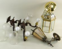 ASSORTED LIGHTING, including pair two-branch wall lights, small hexagonal hall lantern, opaque glass
