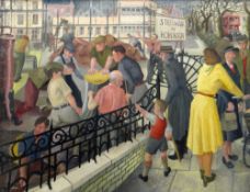 NORMAN TOLL (1932-2014) oil on canvas - 'Steelwork by Robinson', men removing a tree stump beside