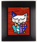 ROMERO BRITTO acrylic paint and oil pen on digital print canvas - entitled 'Little Cat', signed,