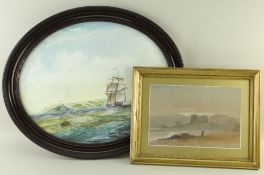 TWO PAINTINGS DEPICTING SWANSEA comprising oval watercolour depicting ships and Mumbles