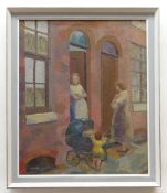 MARGARET GUMUCHIAN (1927-1996) oil on canvas - street scene with ladies conversing beside child