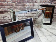 CONTEMPORARY MIRRORED HALL TABLE & PAIR ALUMINIUM WALL MIRRORS, table 122w x 40d x 89cms h,