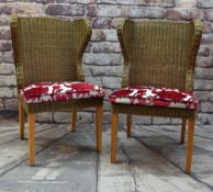 PAIR OF MODERN INDONESIAN WOVEN CANE CONSERVATORY CHAIRS, with red floral loose cushions (2)