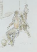 GORDON STUART mixed media - three figures, entitled 'Football, Barcelona', signed, 39 x 29cms
