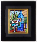 ROMERO BRITTO diamond dust and oil pen on digital canvas print - entitled 'Love Wine', signed,