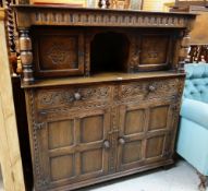 G.T. RACKSTRAW (WORCESTER) ELIZABETHAN-STYLE OAK COURT CUPBOARD, 127w x 46d x 135cms h Condition: