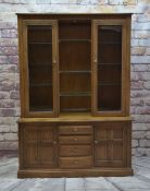 ERCOL ELM NARROW DINING ROOM CABINET, part glazed upper section on cupboard base fitted with four