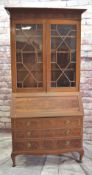 20TH CENTURY MAHOGANY BUREAU BOOKCASE, shaped cornice, astragal glazed doors, fitted bureau