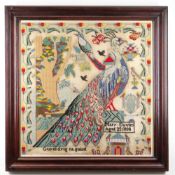 VICTORIAN WELSH WOOLWORK EMBROIDERY depicting peacock birds, flowers etc., and legend 'Gwell dysg na