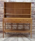 COTSWOLD SCHOOL OAK DRESSER, adjustable shelved rack above triple frieze drawer base with demilune