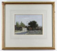 KEN MORONEY oil on paper - street scene with trees and lamp post, entitled verso 'London Street',