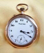 9CT GOLD SLIM OPEN FACE POCKET WATCH, the white enamel dial marked 'Peerless' having subsidiary